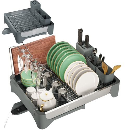PRIME FEEL Égouttoir à vaisselle extensible avec plateau d'égouttement, égouttoir à vaisselle en acier inoxydable avec porte-couverts, support pour verre et planche à découper, égouttoir pliable pour