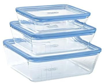 Pyrex Zero Plastic Vorratsdosen, rechteckig, Borosilikatglas, Deckel aus Glas, ofenfest (1 x 0,8 l + 1 x 1,5 l + 1 x 2,6 l)