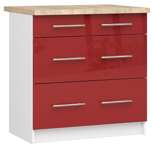 AKORD | Küchenschrank mit Arbeitsplatte - Oliwia S80 | Küchenunterschrank mit 3 Schubladen | Unterschrank Küche 80 cm Breit | ABS-Kante 18 mm | 46 x 80 x 85 cm | Weiß & Rot Glanz