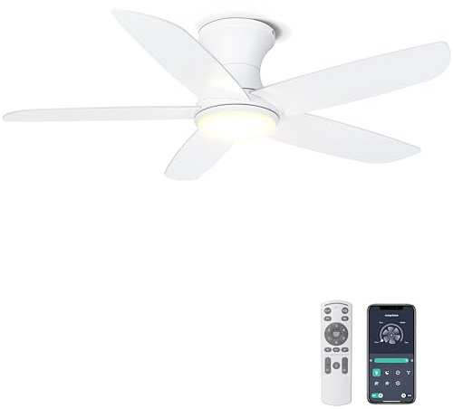 Ohniyou 46'' Ceiling Fans with Lights, Low Profile Ceiling Fan with Remote/APP Control - Dimmable, Quiet DC Motor, Indoor Ceiling Fans for Bedroom Kitchen, White