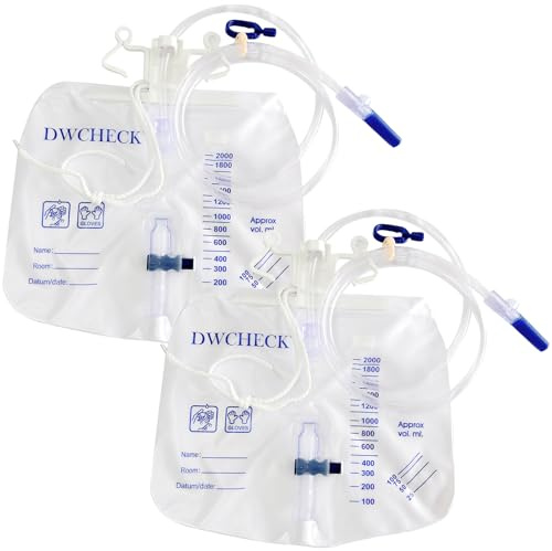 DWCHECK 2 Pack Urinary Drainage Bag with Anti-Reflux Chamber,2000mL Urine Bags with 48 Tube Drainage,Splash-Resistant Drain Spout,Clips and Hanging Hook,Disposable Urine Bags for Men