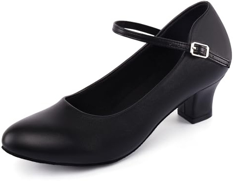 Linodes Economy PU Leather Ankle Strap Character Shoe 2'' Ballroom Dance Shoes for Women-Black-10.5M