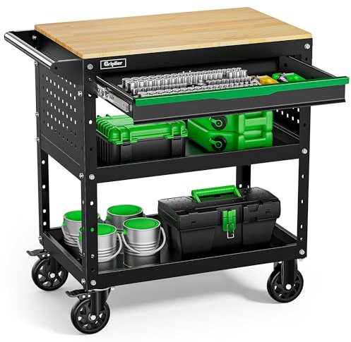 Gripiler Heavy-Duty 3-Tier Rolling Tool Cart with Drawers and Wooden Workbench,Brake Wheels,48D x 82W x 90H cm for Garage, Workshop, or Office (Black)