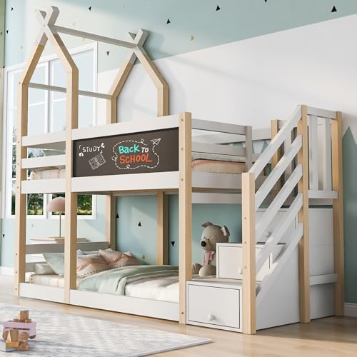 TOBIDOEN Baumhaus Kinderbett 90x200 cm mit Tafel, Bett mit Speicherung & Rausfallschutz, Holz Hochbett Etagenbett mit Stauraum Treppe und Lattenrost für Mädchen und Jungen, Natur & Weiß, ohne Matratze