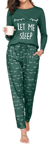 TeJoyce Pijama Mujer Largo Algodon Invierno, Dos Piezas Ropa de Dormir, Conjunto Motivo de Pestañas Camiseta Manga Larga y Pantalón con Bolsillos, Ligero y Cómodo Ropa de Casa (Verde Oscuro, M)