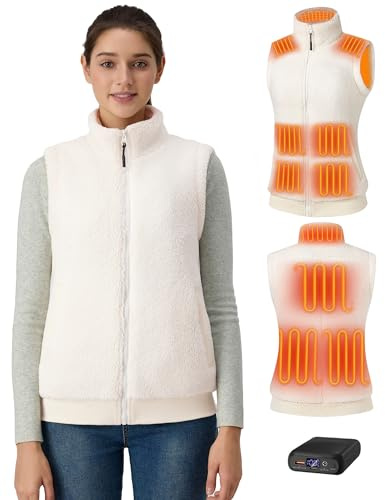 Topdot Gilet Riscaldato Donna con Batteria 7.4V 16000mAh, 10 Zone di Riscaldamento, Elettrico Gilet Termico Leggero con 5 Temperature per Ciclismo, Lavori All'aperto,Beige,M