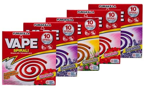 5x Confezione Da 10 Spirali Insetticide, Contro Zanzare Comuni e Tigre. Profumazioni Assortite (Geranio - Lavanda - Citronella)