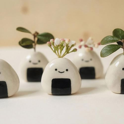 5 PCS Kawaii Mini Vase, Ceramic Rice Ball (Japanese Onigiri) Flower Vases, Charming Handmade Home Dector, Perfect for Dry Flowers & Bulk Bud Vases, Unique and Adorable Japanese Craft