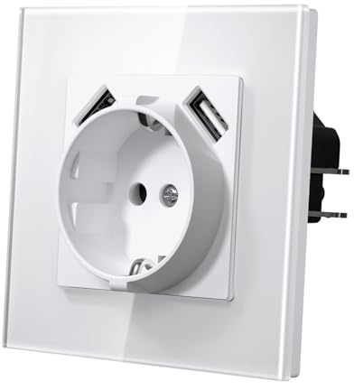 MVAVA Steckdose mit USB, Schuko Steckdose Unterputz EU-Standard, 86mm x 86mm Unterputz Steckdosen mit Glasrahmen, Einfache Installation, Weiß
