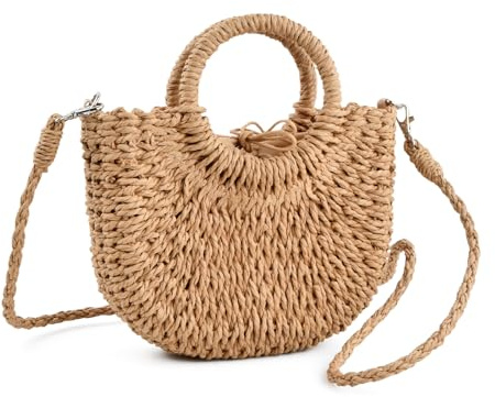 Bolso de Rafia para Mujer Estilo Boho, Bolso de Paja Tejido a Mano con Asa Superior y Correa Desmontable, Bolso de Mano Redondo para Playa, Vacaciones de Verano y Fiestas, Elegante y Ligero (Marrón)