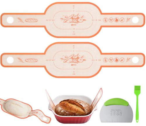 Inwee Brödlyft 2 st., Silikon Bakmatta för Dutch Oven, Återanvändbar Non-Stick med Långa Handtag, Surdegsbröd, Degskrapa & Bakpensel, BPA-fri (Oval)