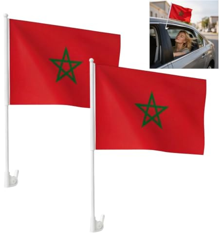 Drapeaux de Voiture Maroc Lot de 2, 30 x 45 cm, Drapeaux de Fenêtre Auto en Polyester avec Support, 2026 Décoration Maroc Fan Football pour Route, Stade et Soirée Match