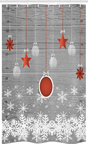 ABAKUHAUS Weihnachten Schmaler Duschvorhang, Sterne-Flitter Schnee, Badezimmer Deko Set aus Stoff mit Haken, 120 x 180 cm, Weiß Grau Rot