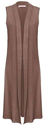 Colop Ladies Sleeveless Maxi Long Length Boyfriend Cardigan Collared Top Long Floaty (Mocha, 12-14)