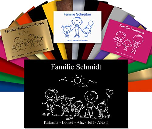 Plaque Boîte aux Lettres Family Personnalisable – Adhésive PVC – Motif Déco de Famille au Choix – 12 x 8 cm (Noir texte Blanc)