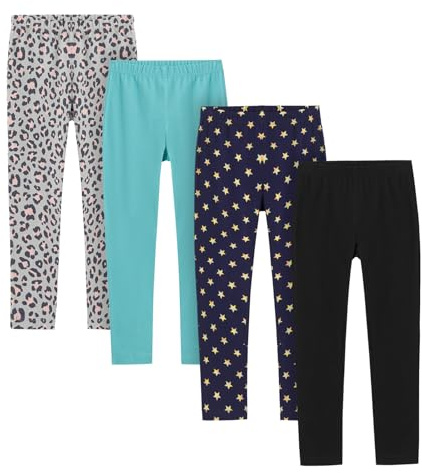 LAPASA Pacco da 4 Leggings Bambina Sportivi Yoga Elastici Comodi età 3-13 Anni G11 11-12 Anni Leopardo, Turchese, Stelle, Nero