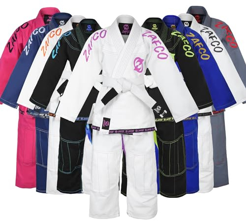Zafco Sports Brazilian Jiu Jitsu, Kids Jiu Jitsu Gi Children BJJ Gi Grappling Kimonos Lightweight White Belt (White/Pink, K0)