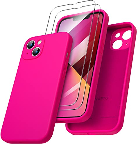 ORNARTO Coque pour iPhone 13, Coque en Silicone (pour iPhone 13) (6,1) avec 2 Verres Trempés, Étui iPhone 13 Protection Complète 360 Degré, Housse iPhone 13 Antichoc - Rose Fluo