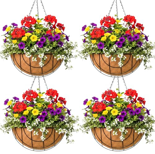 14 inch Metal Hanging Baskets For Plants Outdoor 4 Pack Round Metal Wire Hanging Basket Planter with Coco Fiber Liners Plant Holder for Garden, Patio, Deck, Porch Plants Flower Potss Outdoor(Grid)