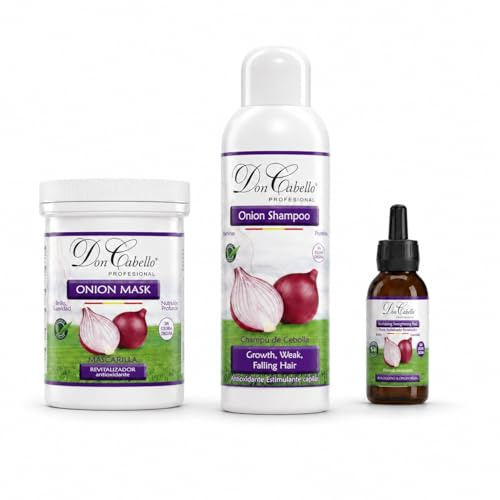 Don Cabello Total Reparación Pack Anticaída con Extracto Cebolla Roja. Champu De Cebolla Anti-Caída 1000 ml - mascarilla pelo Concentrada 1000 ml - Locion pelo Reparador 125 ml. Sin olor a cebolla