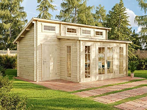 Alpholz Gartenhaus Lausitz mit Anbau 590x440cm Natur 70mm Wandstärke