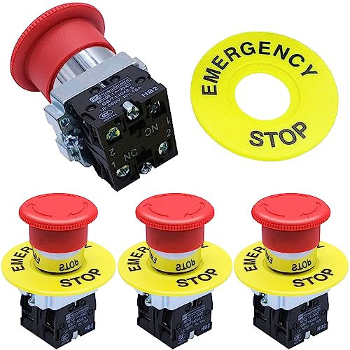 Xiatiaosann Interruptor de botón de parada de emergencia de 22 mm 2NC, equipo de hongo rojo, interruptor de apagado de CA 660 V 10 A (paquete de 4)