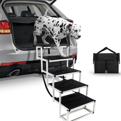 Hunderampe für Auto, zusammenklappbare Haustiertreppe unterstützt große Hunde, faltbare, leichte Aluminium-Hundetreppe mit rutschfester Oberfläche für Autos, SUV und LKW, 5 Schritte, einfaches