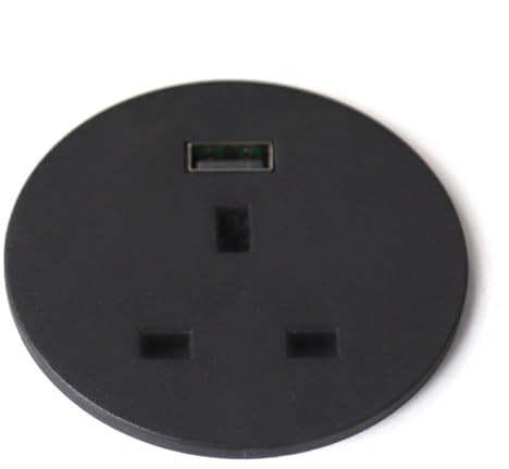 kenable Office Desk Mount 60mm Grommet with UK Mains Power Socket and USB-A Fast Charge Port 2m Cable Black