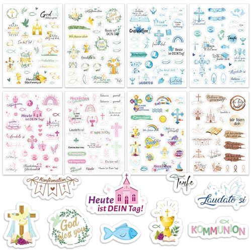 DPKOW Taufe Konfirmation Kommunion Sticker Set 227stk, Gästebuch Sticker Konfirmation Taufe Kommunion Aufkleber Scrapbook Karten Deko Fotoalbum Basteln Mädchen Jungen Kinder