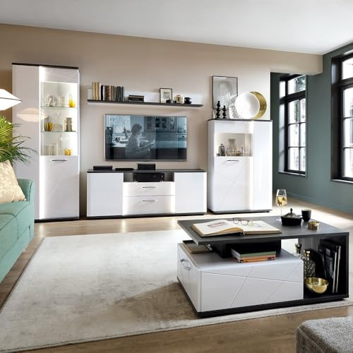 Lomadox Wohnwand Wohnmöbel Set weiß 5-teilig Modern, 1 Vitrine, 1 Wandboard, 1 Lowboard, 1 Highboard, 1 Couchtisch inkl. Beleuchtung