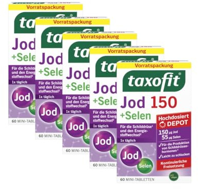 taxofit Jod 150 + Selen | für normale Schilddrüsenfunktion | 5 x 60 St | Jod & Selen für die Schilddrüse, Jod für den Energiestoffwechsel, Depot-Tabletten, vegan, glutenfrei, laktosefrei, zuckerfrei