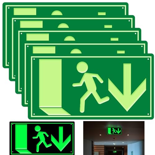 Notausgangsschild Nachleuchtend, 5 Stück Fluchtwegschilder Pfeil unten, 30x15 cm, Hochwertiges Aluminium Schild Notausgang Für Infoschild, Rettungsweg, Fluchtweg, Notausgang, Notbeleuchtung