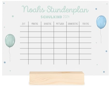 Stundenplan mit individuellem Motiv & Namen, abwischbar, Geschenk zur Einschulung - optionaler Holzaufsteller, DIN A4 mit Stift (Blauer Ballon transparent)