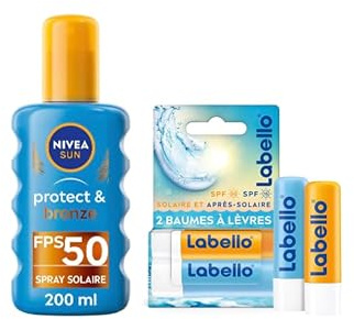 NIVEA SUN Spray protection solaire Protect & Bronze FPS 50 activateur de bronzage (1x200 ml) & LABELLO Sun Protect FPS30 & Hydro Care FPS15 (2x5,5 ml), baume à lèvres enrichis en vitamines C & E