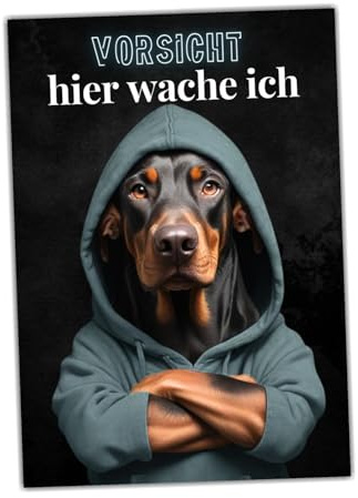 siviwonder Hundeschild Schild Vorsicht Dobermann Dobi Dog Spruch Türschild Warnschild Hund Hier wache ich Geschenkidee lustiger Spruch Hundemotiv Aluminium Wetterfestes Hundeschild