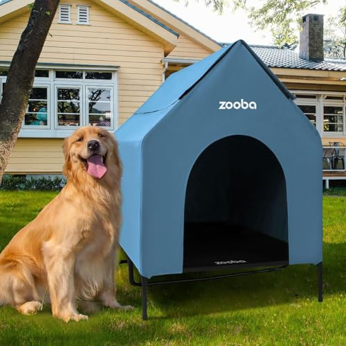 Hundehütte, Größe XL, 121,9 cm, wetterfestes PVC, erhöhtes Kühlbett, leicht zu reinigen, Blau