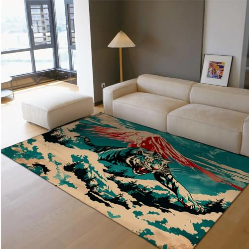 BYLEEHOMED Asiatische Tiger Teppich für den Eingang Fuji-Landschaftsteppich Japanische Fuji-Landschaft waschbarer Rutschfester Teppich für das Wohnzimmer 120x240cm