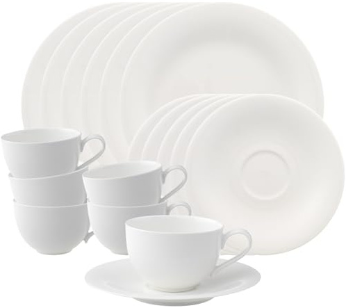 Villeroy & Boch New Cottage Basic Kaffeeservice 18-teilig, Kaffeetassen mit Untertassen (250 ml) und Frühstücksteller (22 cm) für 6 Personen, Modernes Kaffeegeschirr, Premium Porzelln, Weiß