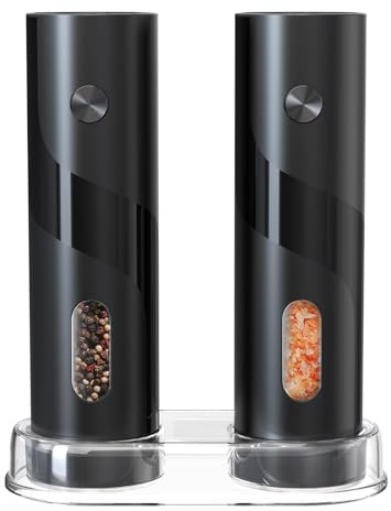 CIRCLE JOY Electric Salt and Pepper Grinder Set Top-Refill Battery Operated Salt and Pepper Mill Grinders with Storage Base, Adjustable Coarseness, 120ml Capacity and White LED Light, Black
