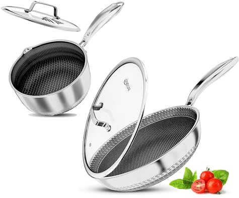 Set Lustre Hybride Inox – Poêle 28 cm (4,6 L) + Casserole 20 cm (2 L) – Compatible Induction, Anti-Adhérence Saine, Matériaux Éco