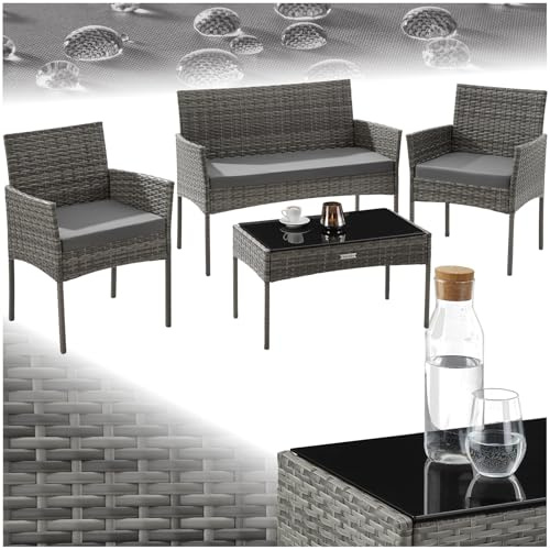 tectake® Set da Giardino in Rattan, 4 Posti, Polyrattan Resistente, Cuscini Idrorepellenti Lavabili, Struttura in Acciaio Stabile, Tavolino con Vetro di Sicurezza, Arredo Esterno - Grigio