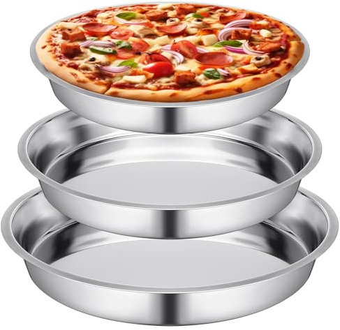 Juego de 3 sartenes grandes de acero inoxidable para pizza, bandejas redondas de 16, 14, 10 pulgadas, a prueba de óxido, reutilizables, aptas para lavavajillas, para hornear, servir y mostrar pasteles