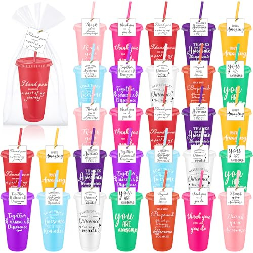 MSYU 30 Pcs Thank You Coffee Cups with Lid 710 ml Employees Appreciation Gifts Reusable Polypropylene Cup for Staff Coworker Teacher Christmas