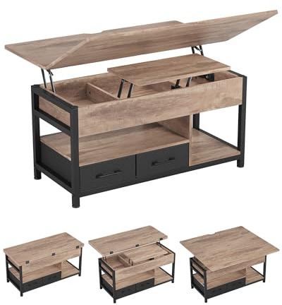 Mesa de Centro de Altura Ajustable, 3 en 1, Multifunción, Mesa de Salón, Mesas de Café con 2 Cajones, Almacenamiento Oculto, Compartimento Abierto, Mesas de Comedor, Sala de Estar, Oficina (Caqui)