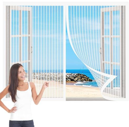 Moustiquaire Porte Fenetre Magnétique 99 x 174 cm Moustiquaire sur Mesure Sans Percer Facile à Installer pour Fenêtres Porte, Blanc