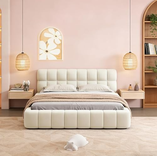 Lietre Bubble Bett Polsterbett 140x200, Doppelbett Gepolstertes, Jugendbett mit Lattenrost und Rückenlehne, Erwachsenenbett Flachbett, Leinen, Ohne Matratze(Beige, 140X200)