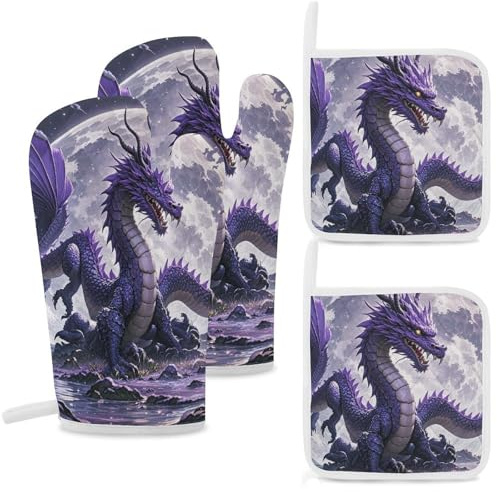Purple Dragon Purple Moon Oven Mitts and Pot Holders 4 Sets High Heat 500°F Potholder Set Non-Slip Oven Mitts Kitchen Essentials for Cooking Baking BBQ