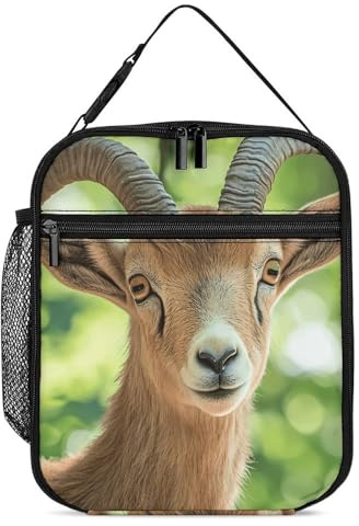 Goat with Curved Horns Insulated Lunch Bags Reusable Lunchbox Portable Tote Bag for Work Picnic Travel 27.5X20cm