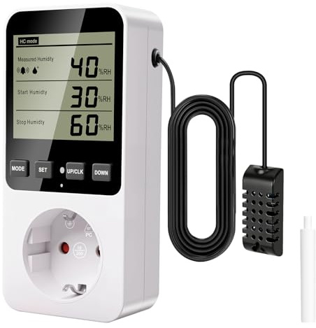 Hygrostat Steckdose mit Fühler, Temperaturregler Digital Thermostat Steckdose Temperaturwächter, 230V 16A, mit LCD Bildschirm und Vier Modi für Gewächshaus, Aquarium, Terrarium, Reptilien