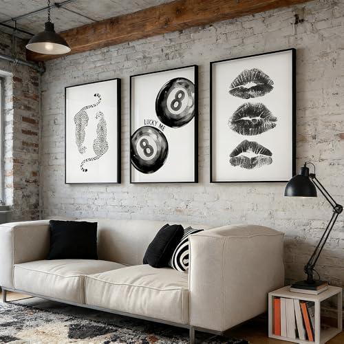 3 Bilder Billard 30X40CM Poster Leopard Schwarz Weiß 8 Kugel Bilderwand Wohnzimmer Leinwand Modern Abstrakt Bilder Lippen Poster Zimmer Deko Leinwand Wohnzimmer Modern ohne Rahmen